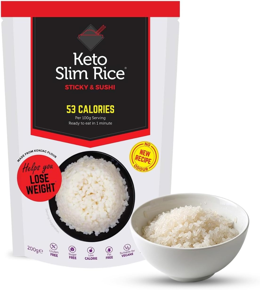 Eat Water Slim Sticky Riceโ Konjac Low Calorie Rice Alternative, Ready to Eat No Drain Shirataki Rice for Sushi & Meals | Low Carb, Keto Friendly, Vegan, Gluten Free & High Fibre Rice 200g(Pack of 5)