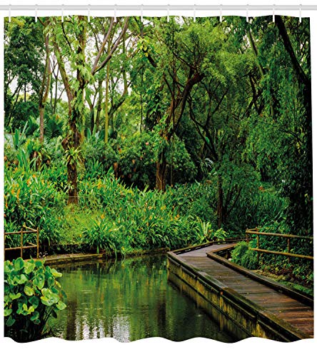 ABAKUHAUS Jungle Shower Curtain, Deep Forest with Wooden Pier and River Refreshing Exotic Nature Wild Image - Image 2