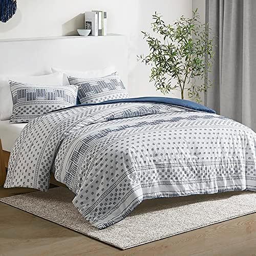 Hyde Lane Modern Navy Bedding, Blue King/Cal King Farmhouse Comforter Set, Cotton Top with Boho Style Clipped Jacquard Stripes 3-Pieces/W Matching Pillow Shams (104x90 inches, Navy)
