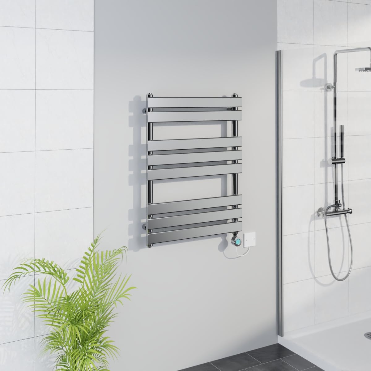 Warmehaus Chrome Smart Wifi Thermostatic Electric Bathroom Flat Panel Heated Towel Rail Warmer Radiator With Timer 800X600mm