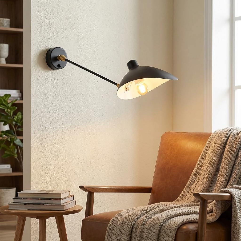 BARCELONA LED Wandleuchte mit schwenkbarem Arm, schwarze industrielle Vintage-Wandleuchte aus Metall und Eisen, modernes und retro Design, verstellbare Beleuchtung Schlafzimmer