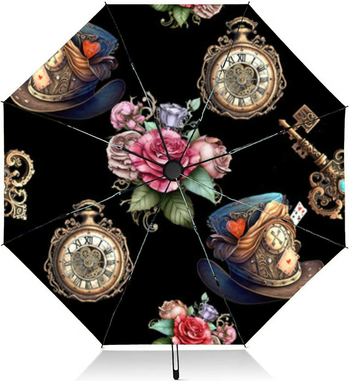 Travel Umbrella for Rain Windproof cute watercolor black Automatic Cute Portable Compact Umbrella for Women Purse Backpack Car Black Sun UV Protection