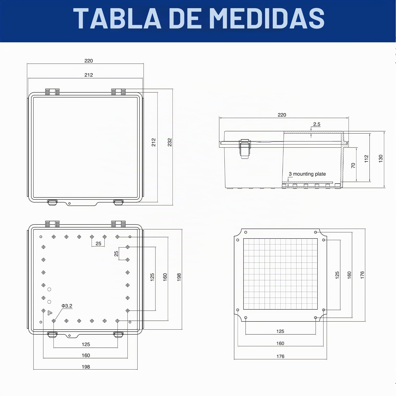 Caja Distribución Eléctrica IP65, Registro ABS, Empalmes, Interruptor De Cableado, Plástico De Bricolaje, 210×210×130MM