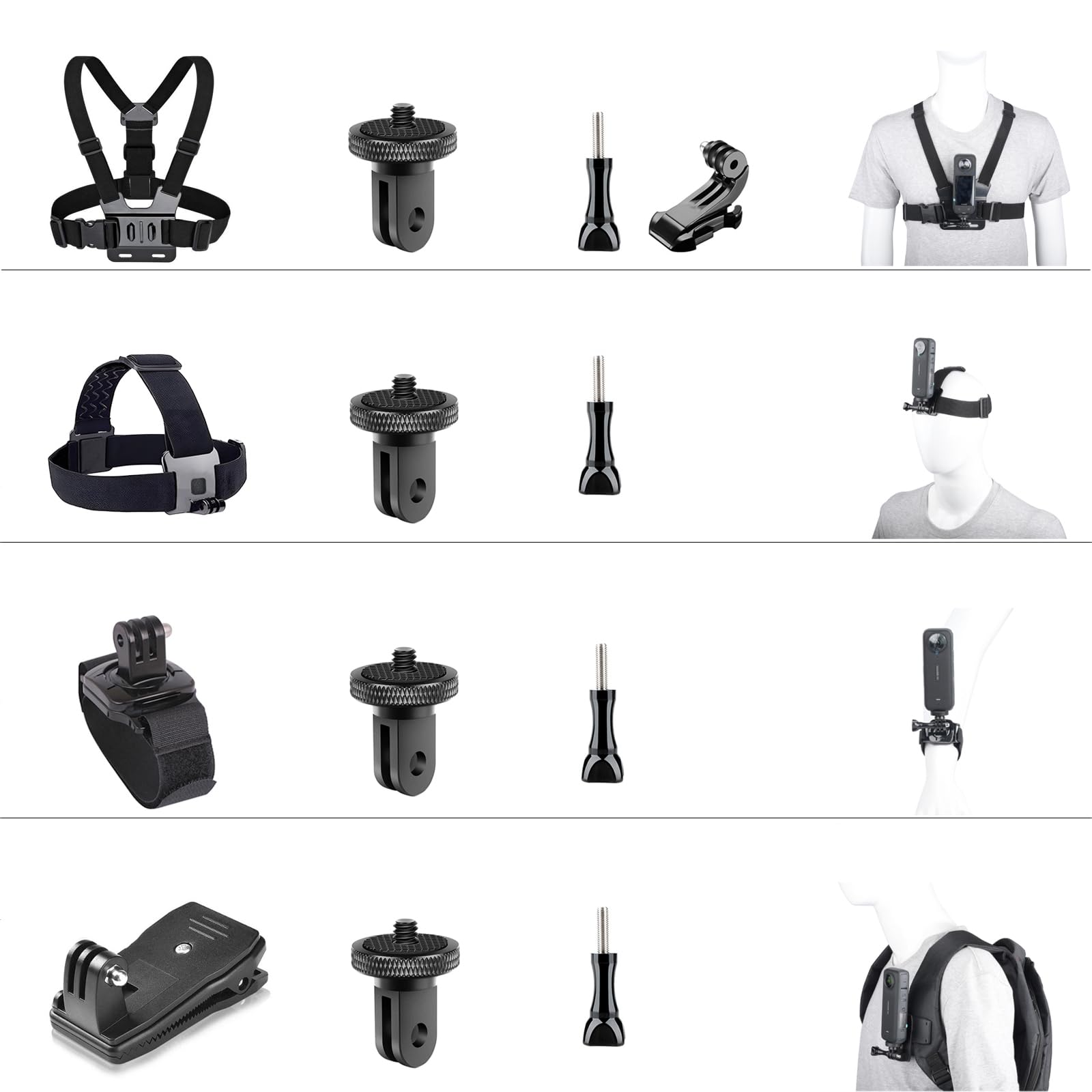 10 Piezas Accesorios Action Camera para Insta360 X5 X4 X3 Ace Pro,Soporte movil Pecho,Correa para la Cabeza y muñeca,Mochila Clip y Tapa de Lente de Silicona Compatible con GoPro Hero,Negro