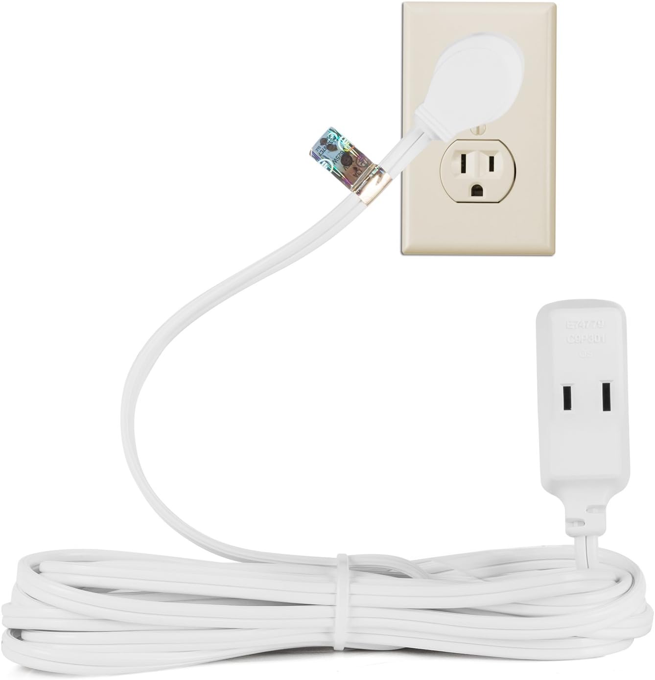 80% Off Discount Maximm Cable 20 Foot Flat Plug Extension Cord/Wire, Multi Outlet - Angled Plug Extension Cord with Safety Water Proof Cover - White