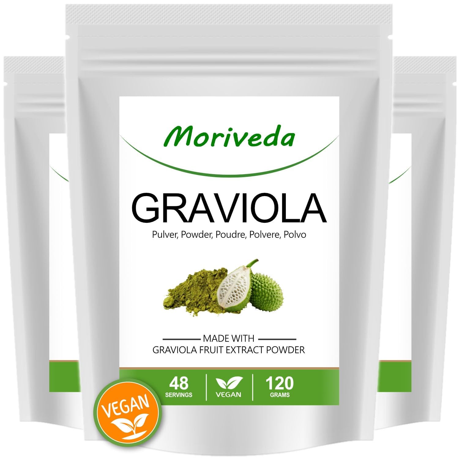 Poudre de fruits de Graviola - équilibre du métabolisme, du cœur et de la tension artérielle - vitamines antioxydantes - extrait de poudre de fruits du Brésil - végétalien - 3x 120g de MoriVeda