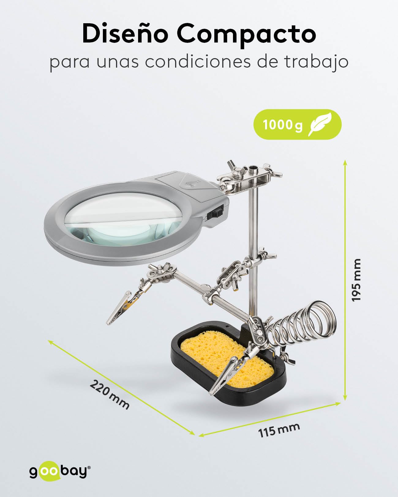 goobay tercera mano con lupa y soporte para soldador, la ayuda ideal para todos los trabajos de soldadura filigrana, soporte multifunción para electrónica, 51226