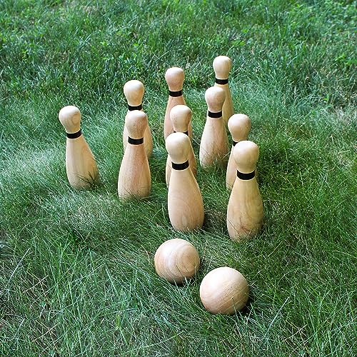 Get Out! Wooden Bowling Set - 12pc Lawn Bowling and Skittle Ball Games for Children and Adult Fun - Thumbnail 6