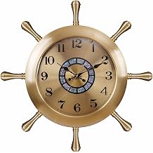 Wall Clock Brass Ship Wheel Silent Quartz Nautical Steering Wheel Decor Clock Luxury European Vintage Hanging Clock for Villa Living Room Seaside Home Marine Wall Ornament,dia58cm/22.8in