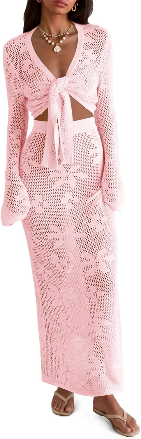 Saodimallsu Womens Crochet Swim Cover Up 2 Piece V Neck Long Sleeve Wrap Tie Crop Tops Beach Boho Maxi Coverup Set