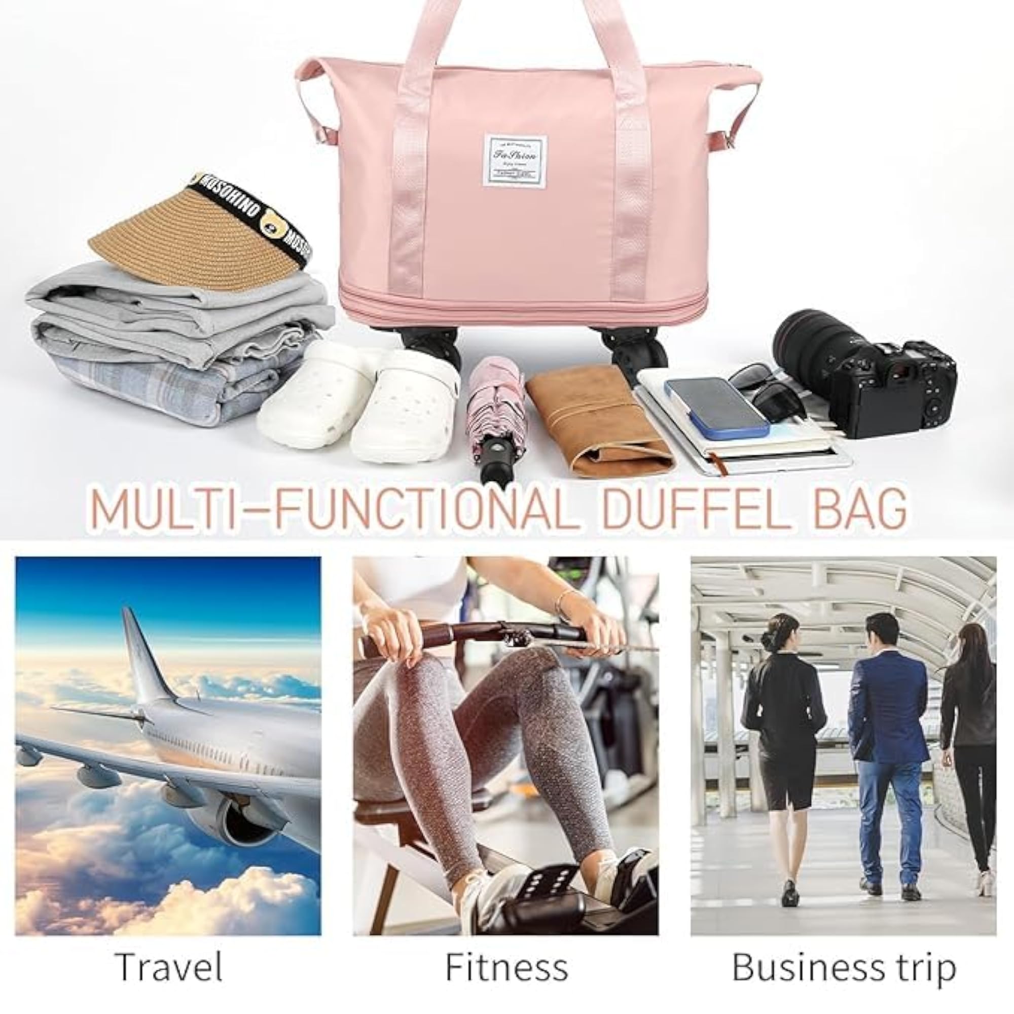 Pink Rolling Duffle Bag with Wheels for Travel