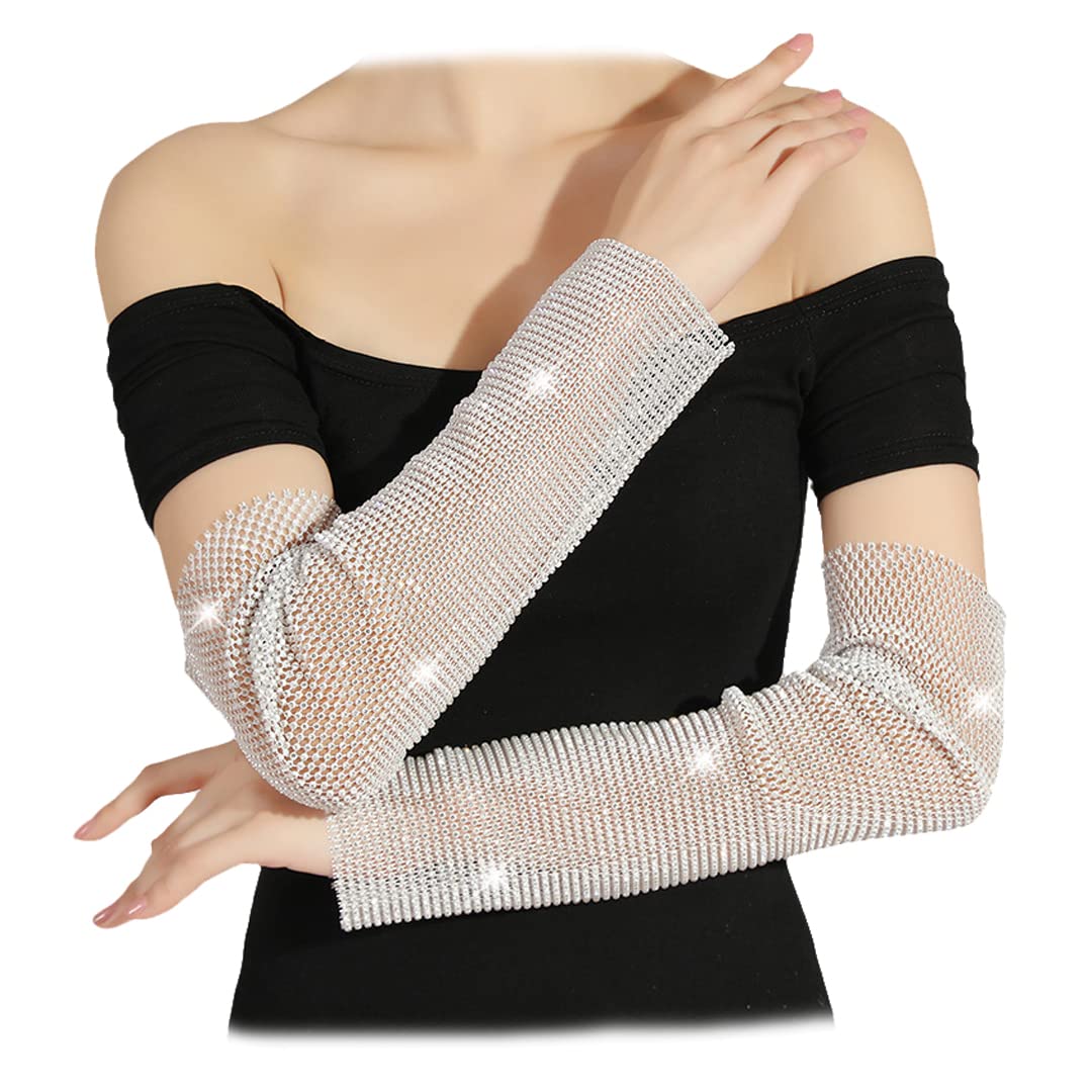 Sun Protection Arm Sleeves with Rhinestones Lace Up Fingerless Gloves Long Elbow Gloves for Opera Evening Party White
