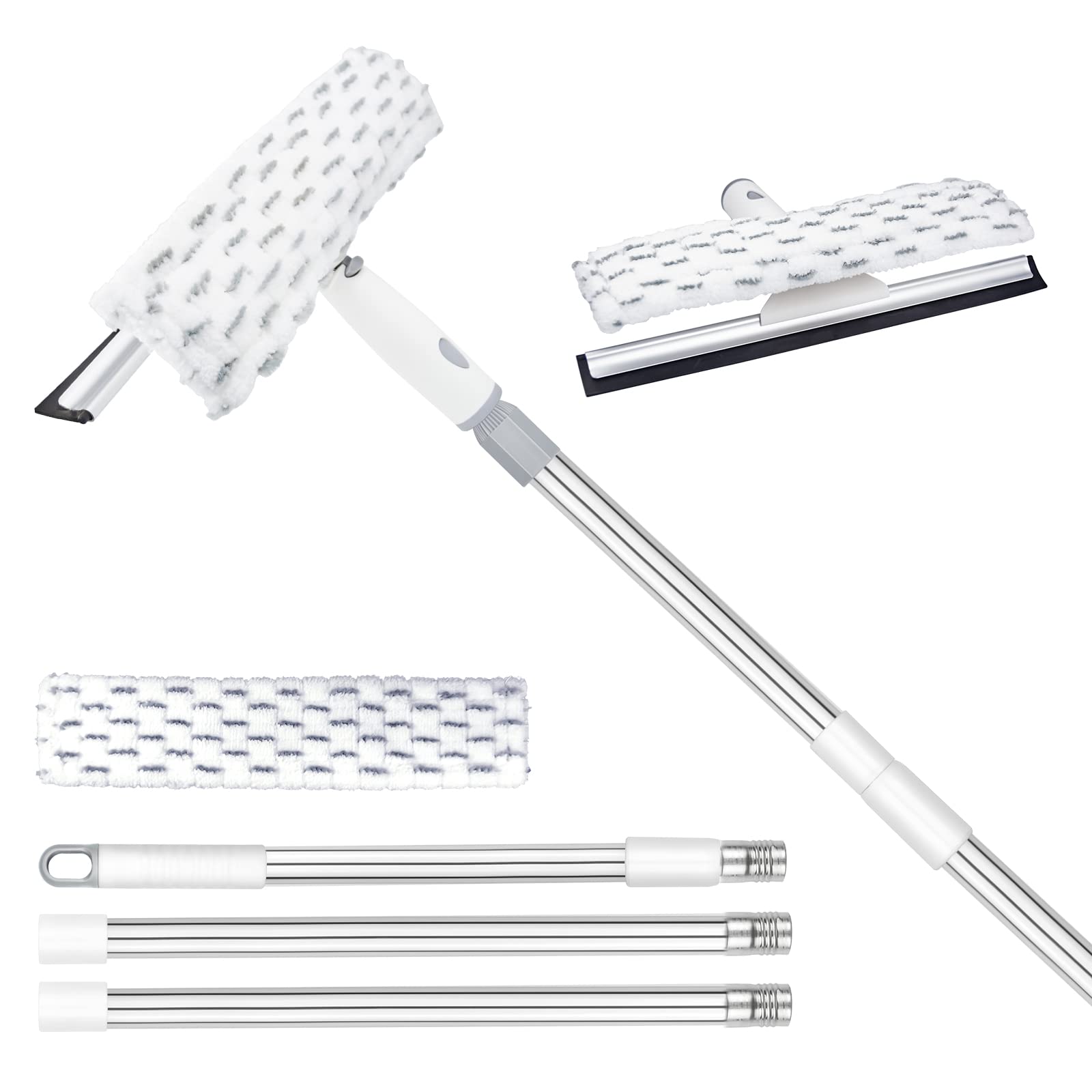 ITTAHOSwivel Window Cleaning Tool,2-in-1 Window Squeegee and Microfiber Scrubber with 53" Stainless Steel Extension Pole,Long Squeegee Window Cleaner, White & Gray