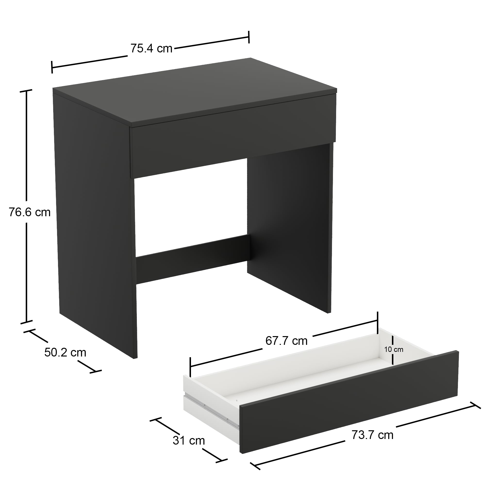 Scrivania con Cassetto, Toeletta, 75 cm, Nero | Piccola Scrivania per Ufficio in Casa e Laptop, Tavolo Compatto e Salvaspazio per Studio e Gaming
