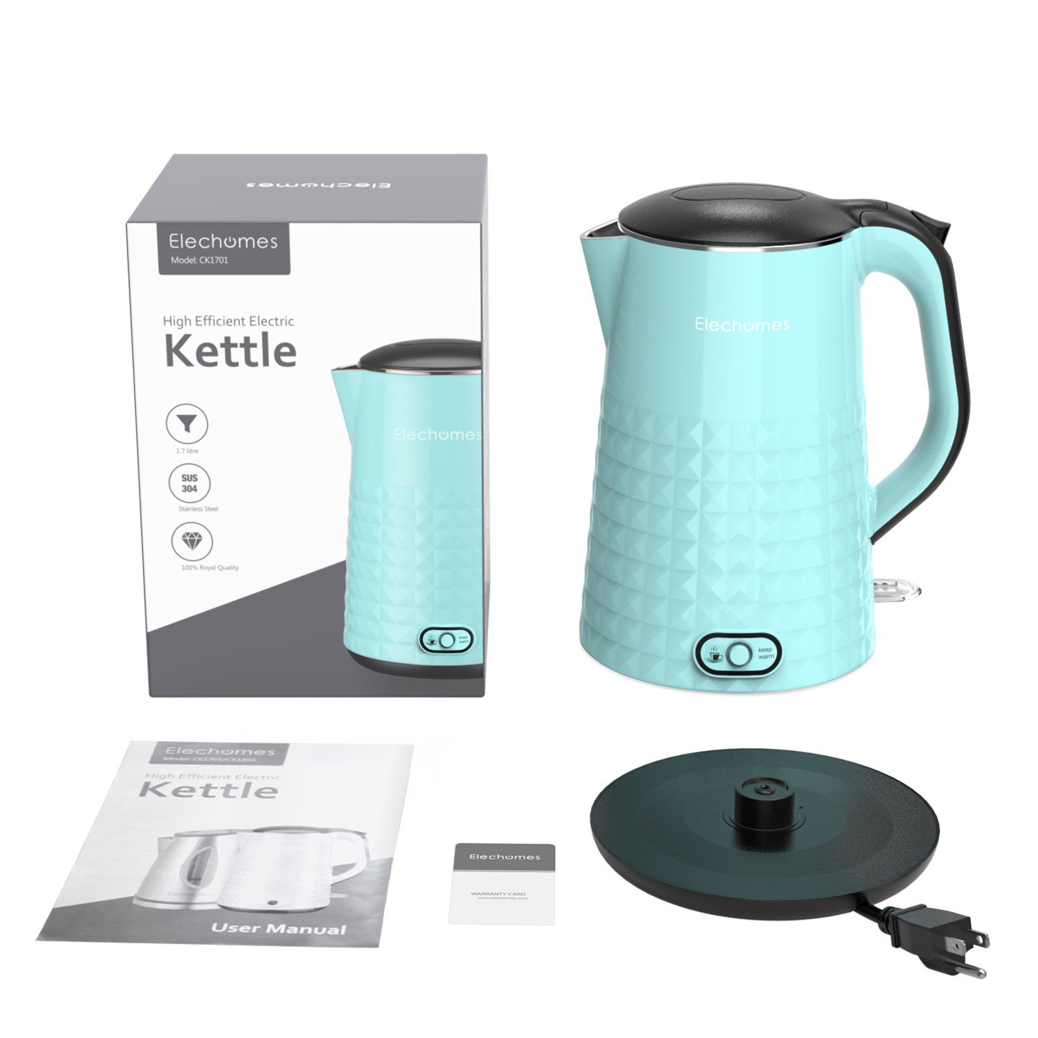 Contents of the Elechomes CK1701 electric kettle package, including kettle, power base, user manual, and warranty card.