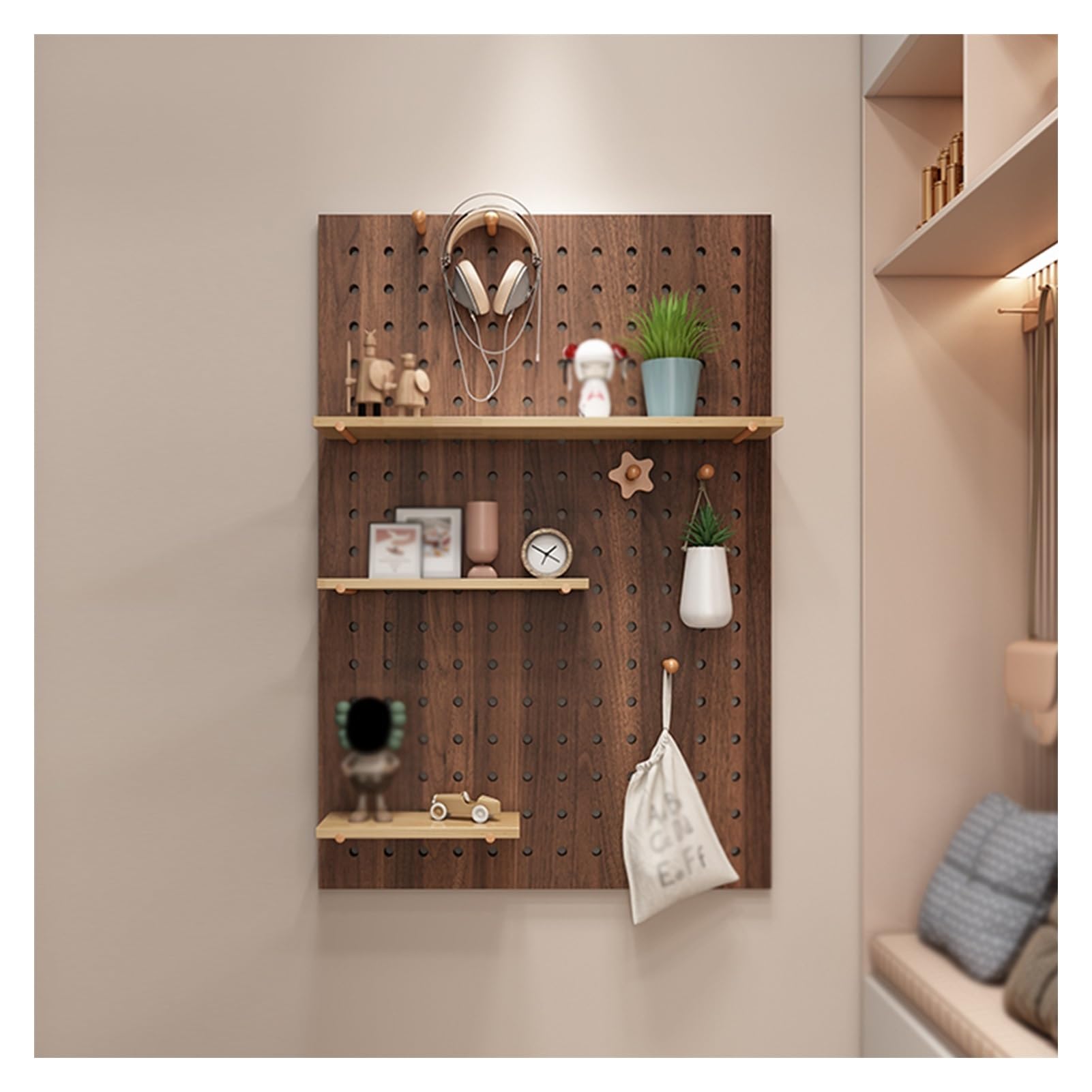 PFCDZDU Pegboard Wall Organizer Panels, Wall Mount Display Peg Boards Kit, Bedroom Study Office Bathroom Wall Display Storage Modular Combination Shelf (Color : Brown, Size : 80x60cm)
