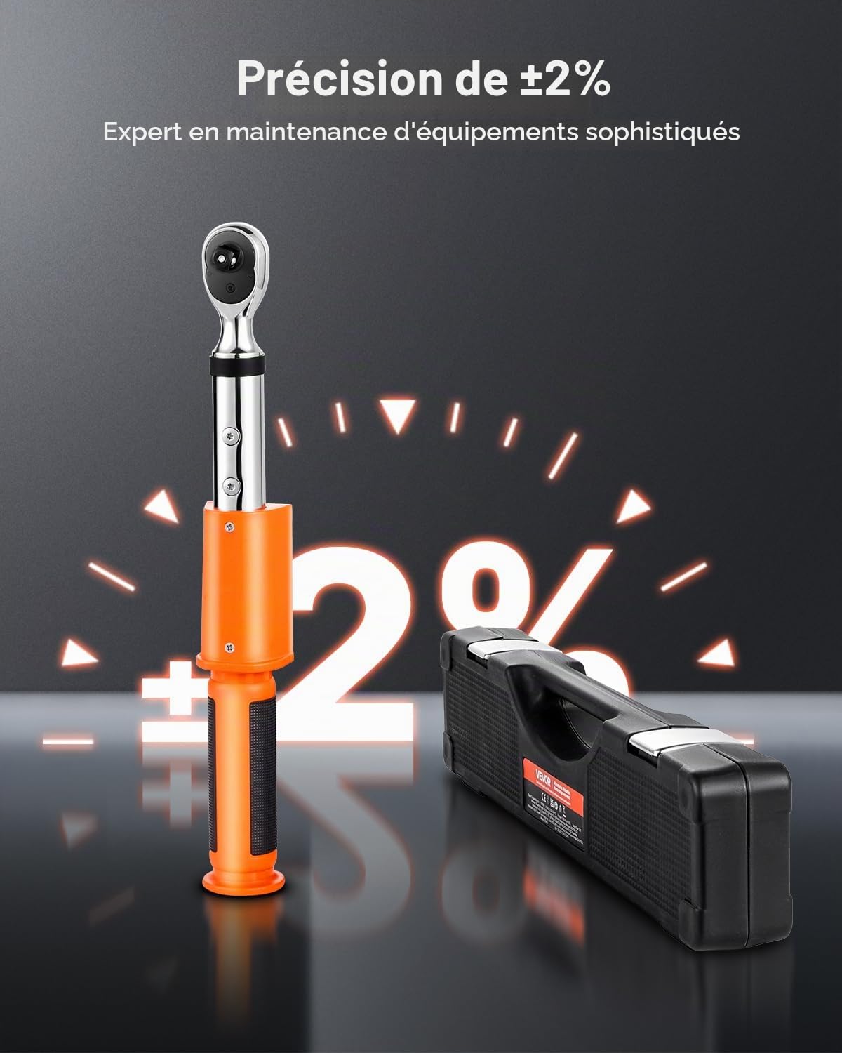 VEVOR Clé Dynamométrique Numérique à Entraînement 9,5 mm Plage 0-135 N.m, 72 Dents, Haute Précision, avec Valeur Prédéfinie, Avertisseur Sonore et LED, pour Réparation Automobile et Moto, Orange