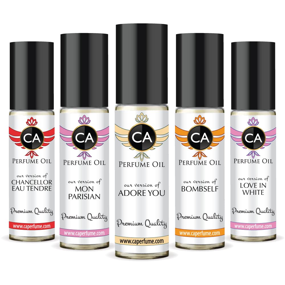 CA Perfume 2020 Most Attractive Women Set Impression of (Love in White + Bombself + Chancellor Tendre + Adore You+ Mon Parisian) Fragrance Body Oils Travel Size Roll-On (0.3 Fl Oz/10 ml) x5