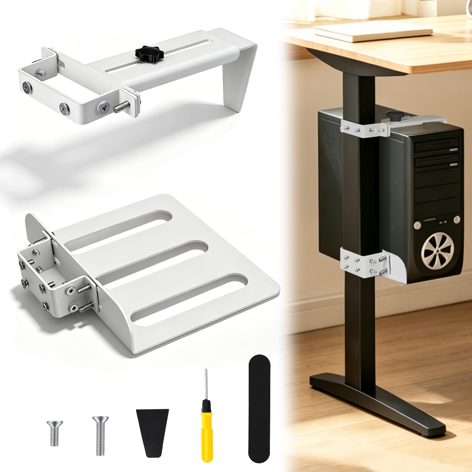 PC Halterung unter Schreibtisch, Verstellbare PC Tischhalterung Ohne Bohren, 20 kg Tragkraft, PC-Tower-Halterung Für Höhenverstellbare Schreibtische, Fits Desk Leg: 65-80mm(D) x 40-50mm(W), Weiß