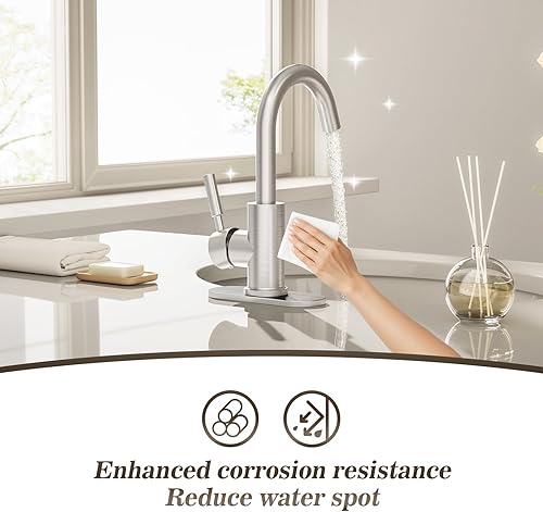 Miniatura 3 de Phiestina WE08E-BN - Grifo de lavabo de baño de una sola manija con placa de cubierta de 4 pulgadas y drenaje de metal, apto para instalación de 1 o