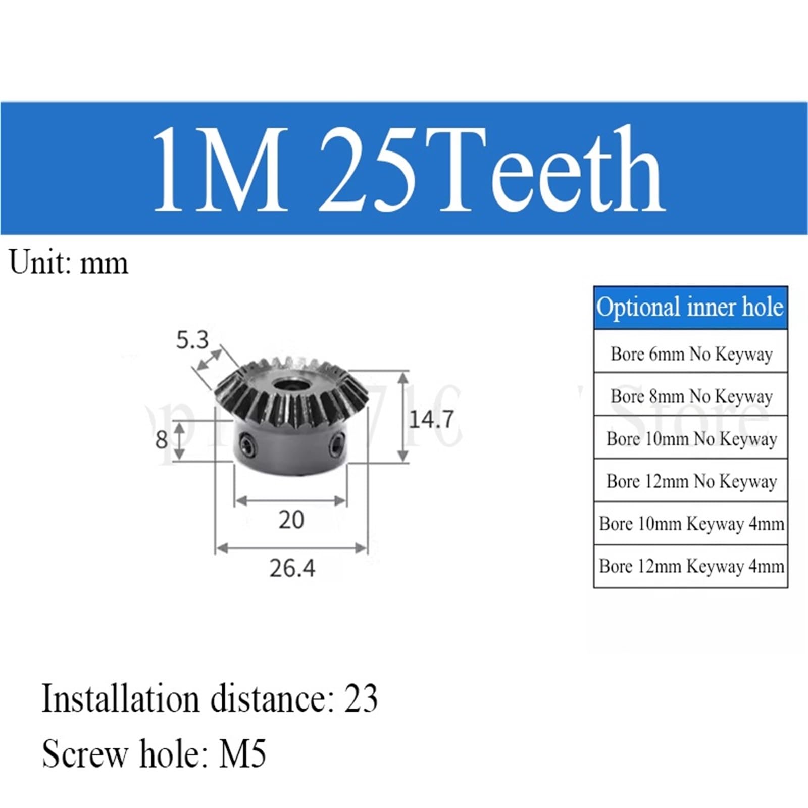 Engranaje cónico recto de acero, Engranaje cónico 1:1 1M 20/25/30 dientes 45 acero ángulo de 90 grados orificio for tornillo M5(Bore 8mm Keyway 3mm,1M 20 Teeth)