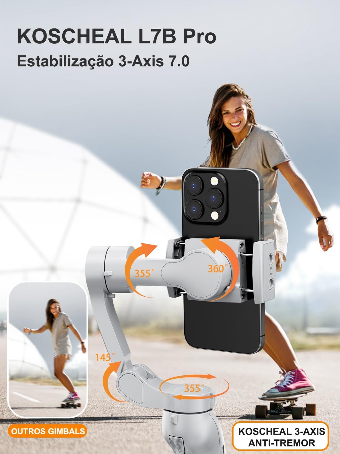 KOSCHEAL Estabilizador Celular - Gimbal para Celular 3 Eixos Portátil e Dobrável com Rotação 360°, Ideal para Vlogs, YouTube, TikTok e Transmissões ao Vivo para Android e iOS
