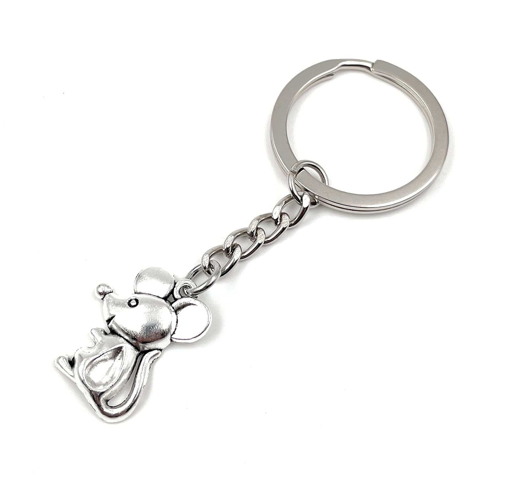 Onwomania Unisex Silver Sitting Cute Mouse Keyring Metal Lucky Charm In Aluminium Gift Box, Ideal As A Gift, One Size
