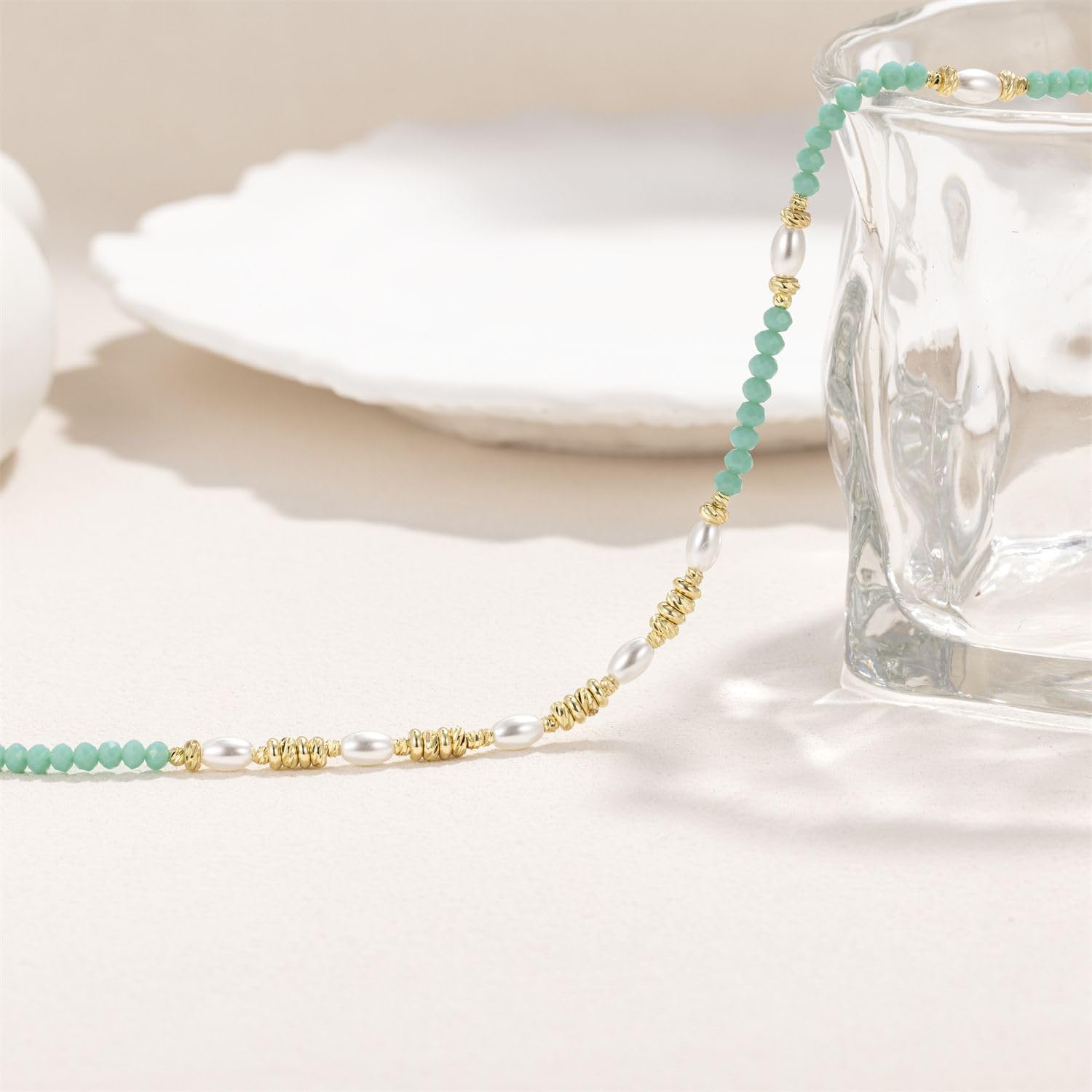 Green Beaded Necklace for Women Amazonite Necklace Boho Imitation White Pearl Choker Danity Adjustable 14K Gold Plated Necklace 15.5+2 Inch - Image 4