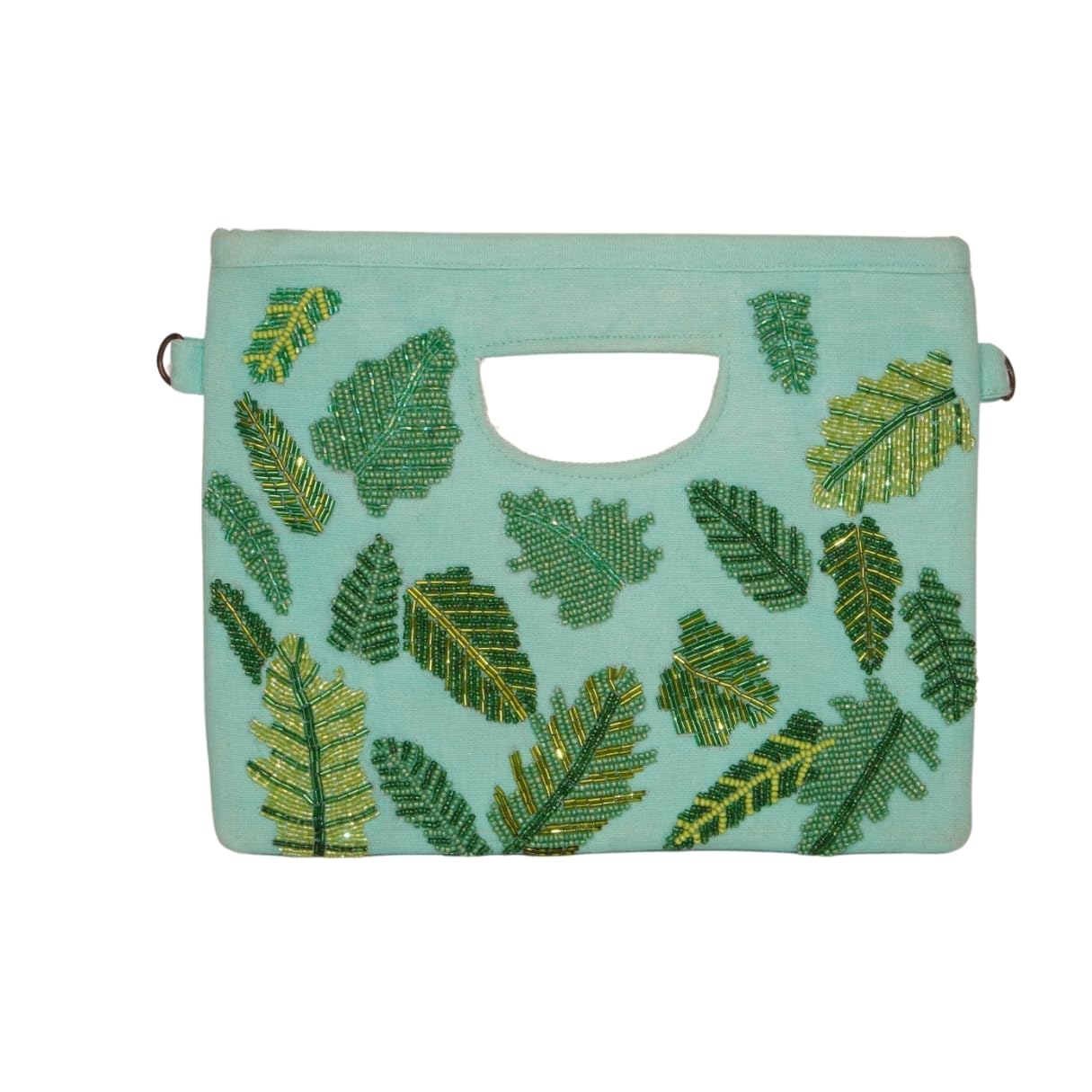 Mint Green Hand Clutch with Beaded Leaf Embroidery-image-45