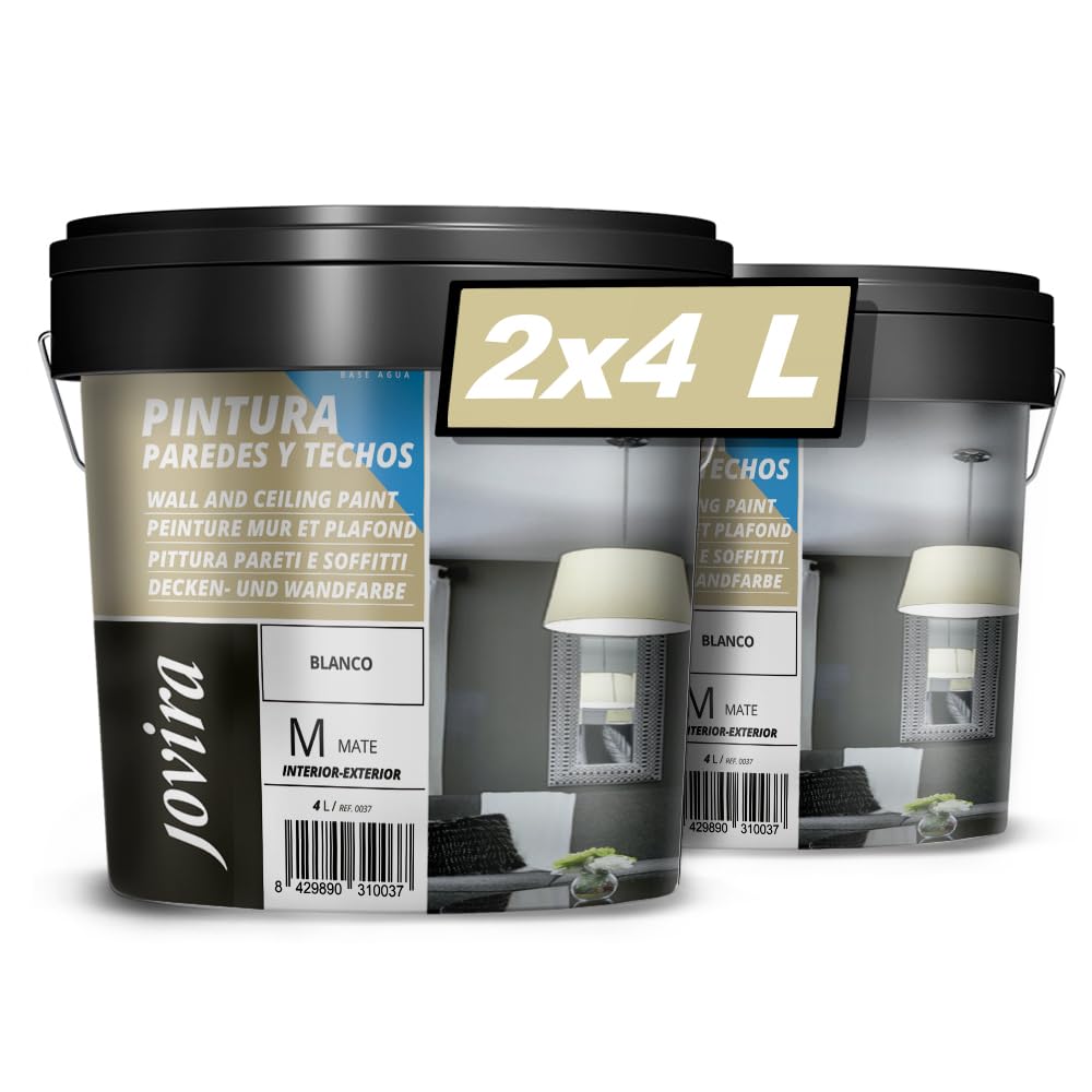 JOVIRA PINTURAS Pintura Paredes y Techos. Pintura mate indicada especialmente para paredes y techos. (2x4 Litros, Blanco) A-30