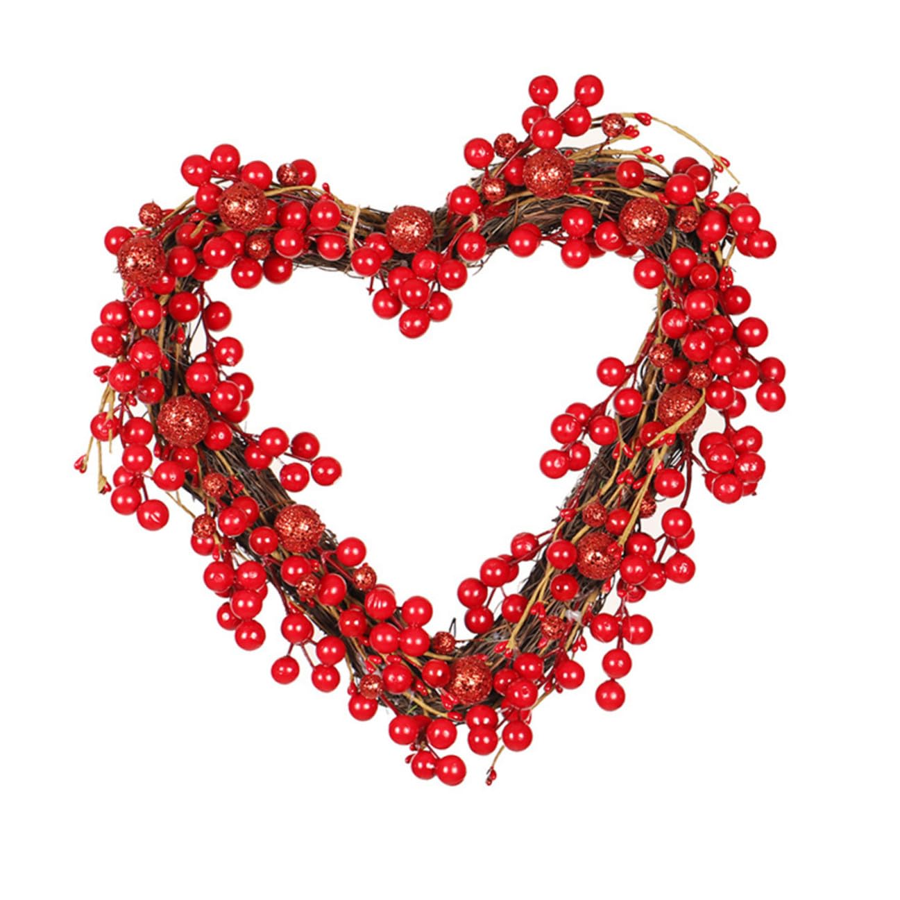 Couronne en rotin de cœur avec baies rouges pour une ambiance romantique de Saint-Valentin