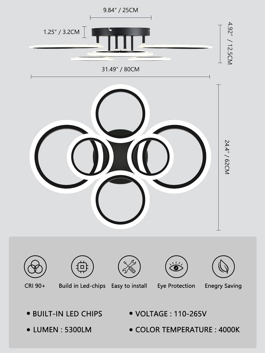 Modern LED Ceiling Light, Black 6 Rings Flush Mount Ceiling Light, 4000K Lighting Fixture Ceiling Lamp for Kitchen, Bedroom, Living Room, Laundry Room