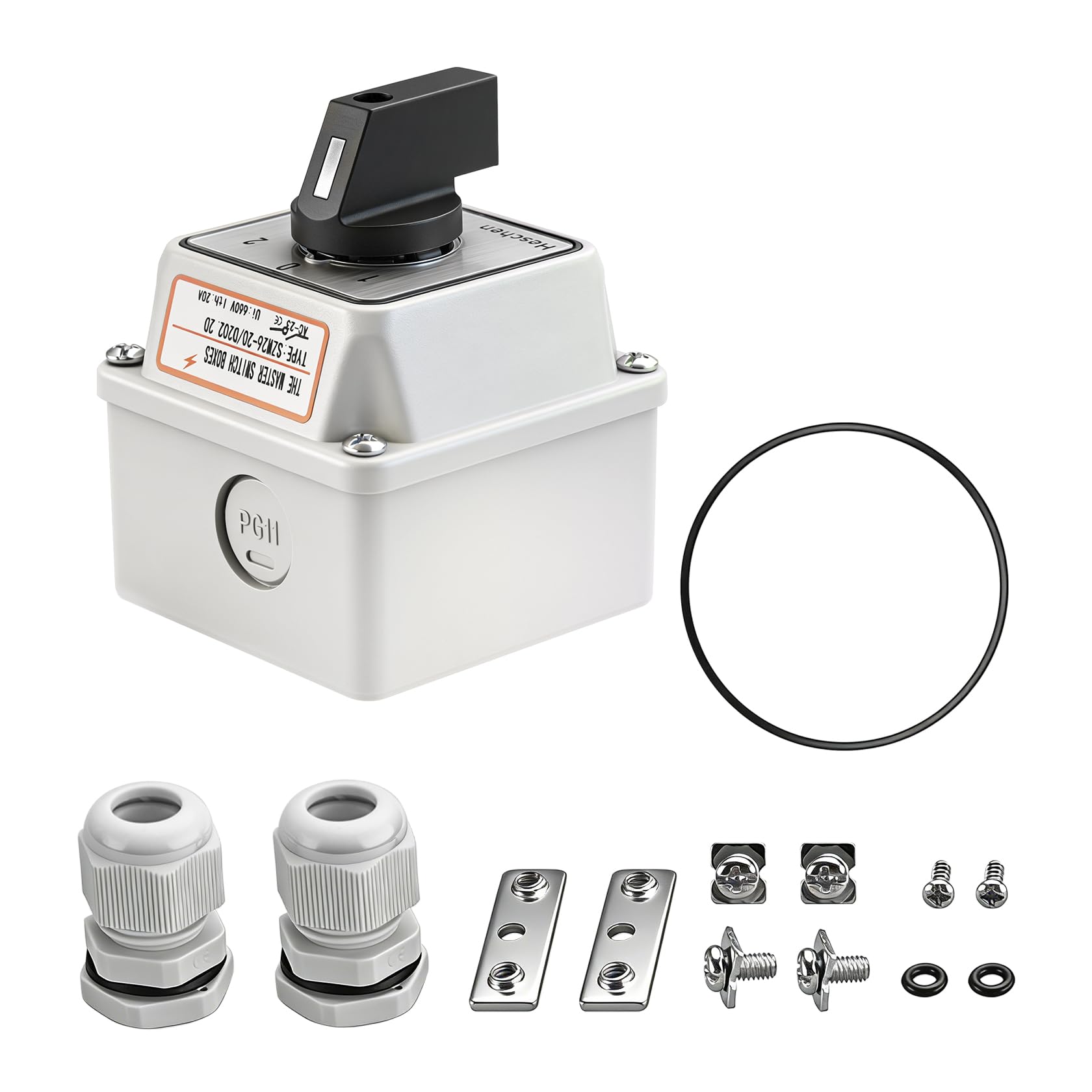 Heschen Universal Rotary Cam Selector Changeover Switch, SZW26-20/D202.2D, 660V 20A, ON-Off-ON, 3 Position 2 Phase 8 Terminals, with Master Switch Exterior Box,(Standard Box)