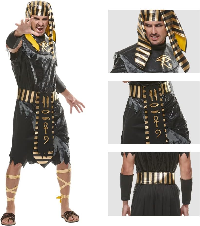 Halloween Black Egyptian Pharaoh Men’s Costume Adult Historical King of Egypt Outfit Headpiece Cosplay Cloth