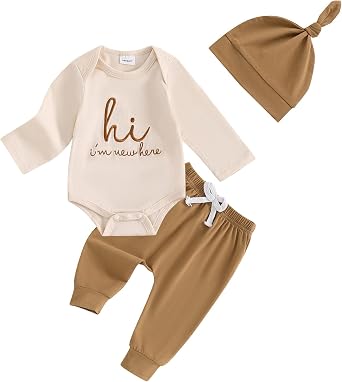 Newborn Baby Boy Clothes Hi I'm New Here Coming Home Outfit Letter Print Romper Pant Fall Winter Baby Boy's Clothing