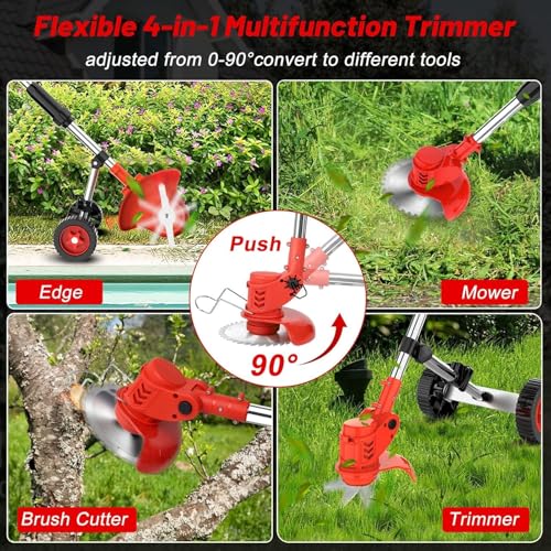 Electric Weed Wacker Cordless Weed Eater Battery Powered 21V, 4-in-1 Brush Cutter/String Trimmer/Grass Trimmer/Lawn Mower, 6 inch Edger Stringless Weed Trimmer with Wheel & Blade, 2 Battery(Red) - Thumbnail 2