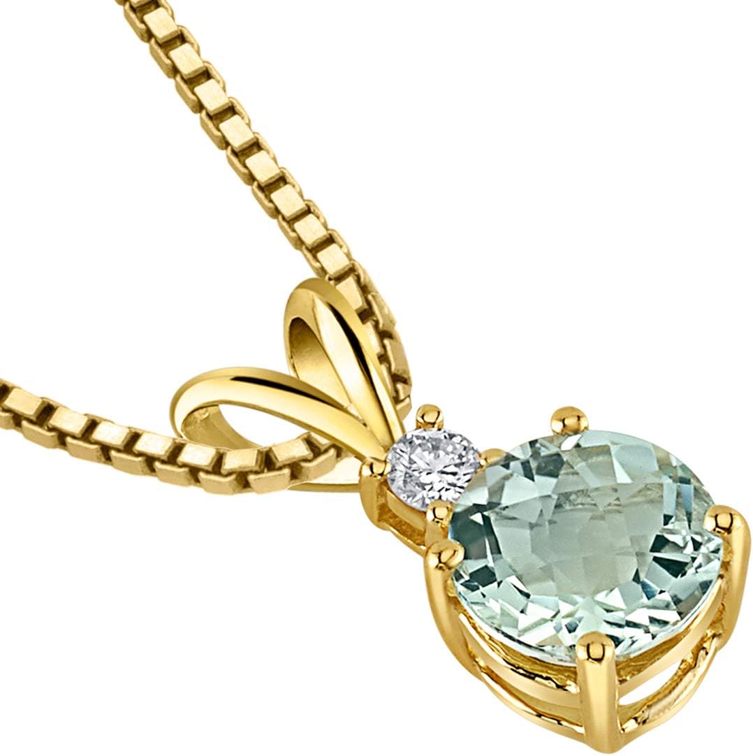 PEORA Green Amethyst with Genuine Diamond Pendant in 14K Yellow Gold, Elegant Solitaire, Round Shape, 6.50mm, 1 Carat total, 100% Natural & Real, Sparkling Green Amethyst Necklace, w/Jewelry Box