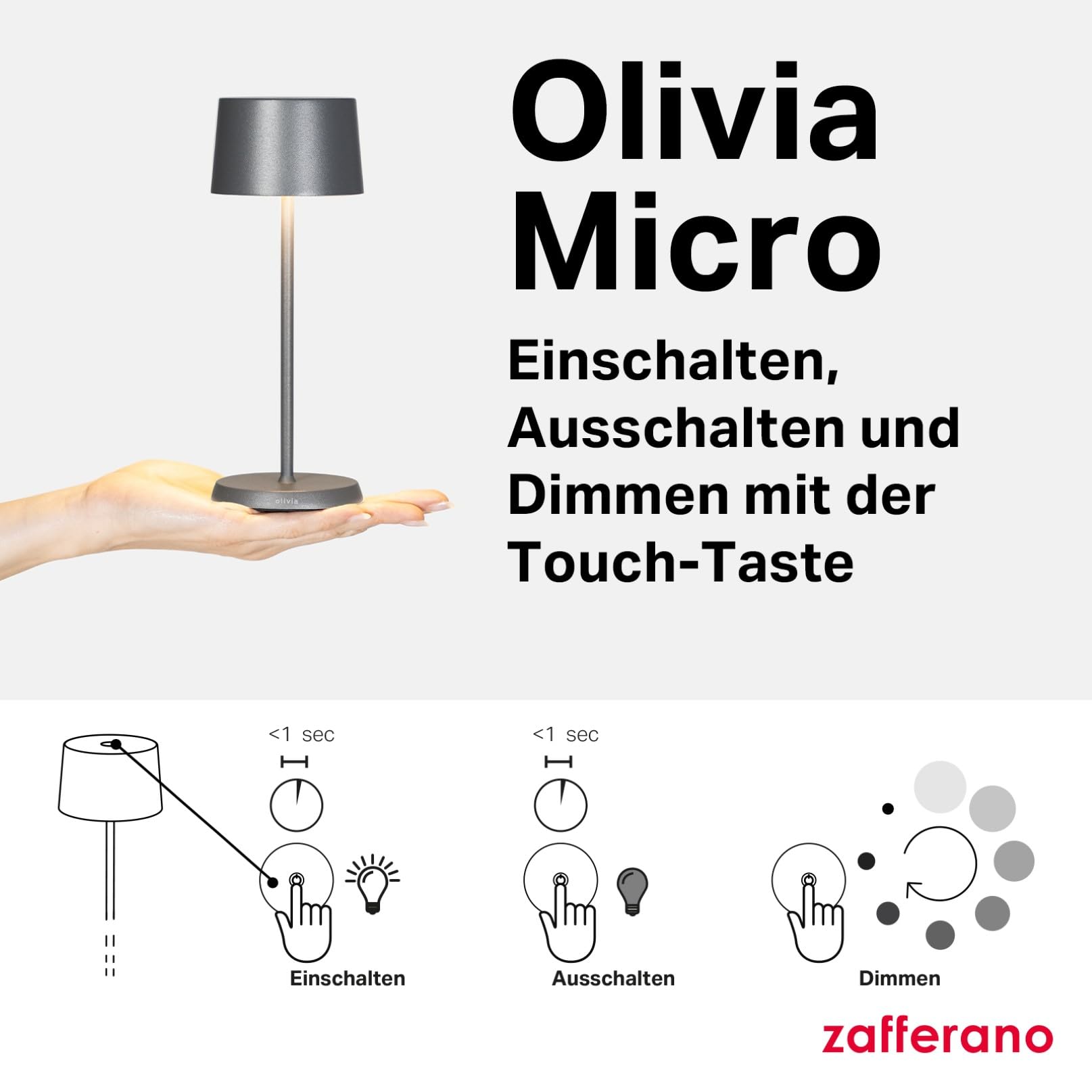 Zafferano, Olivia Micro Lampe, Kabellose, Wiederaufladbare Tischlampe mit Touch Control, Auch für den Außenbereich Geeignet, Dimmer, 2200-3000 K, Höhe 20 cm, Farbe Weiß