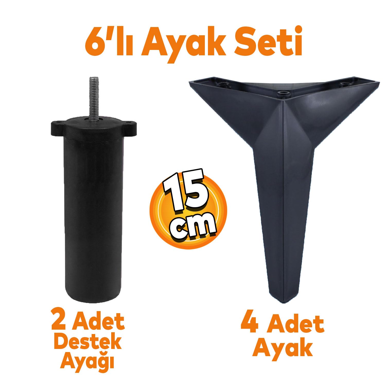 Badem10 Kale 6'lı Set Mobilya TV Ünitesi Çekyat Koltuk Kanepe Destek Ayağı 15 cm Siyah Baza Ayak M8 Civatalı