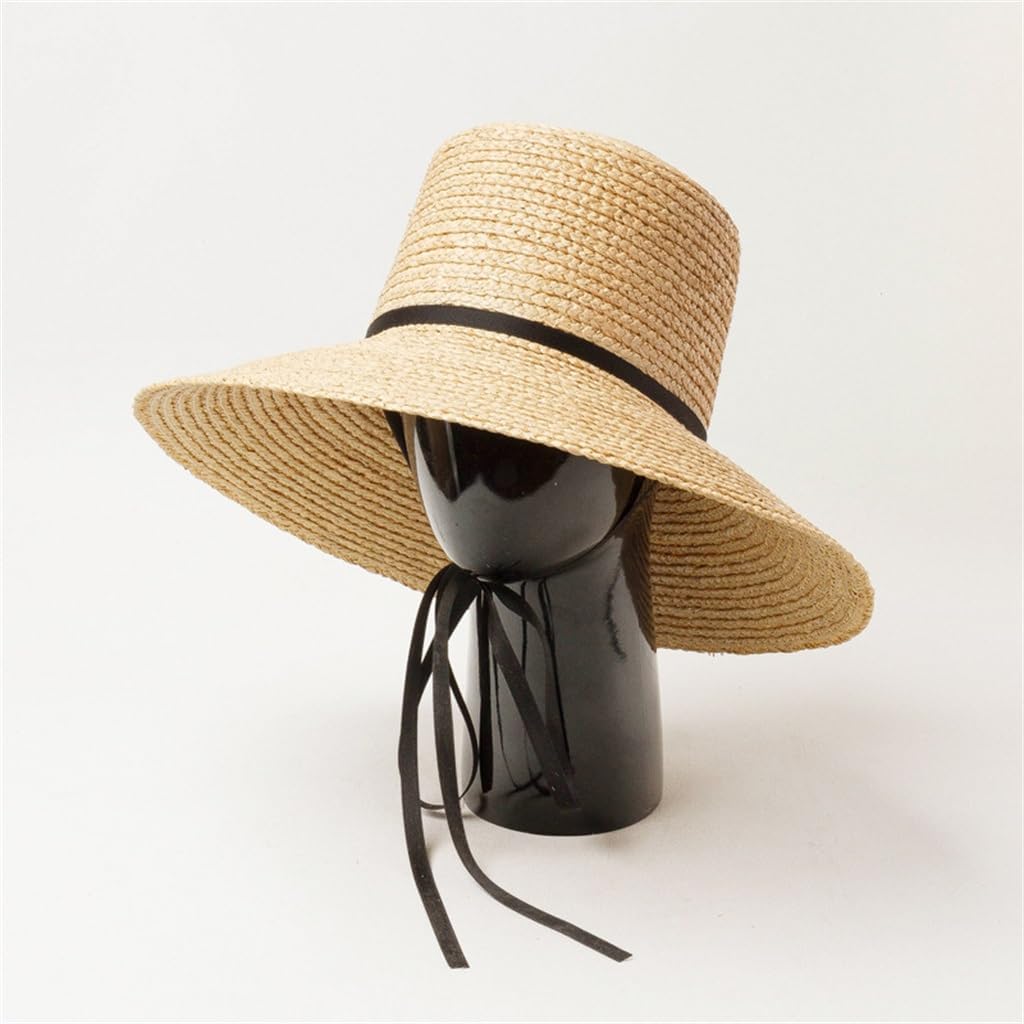 HBJWOV Tie Rope Straps Raffia Flat Top Basin Type Hat Outdoor Beach Travel Sun Protection Hat