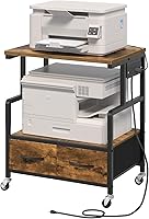 Yatiney PS03BR 3-Tier Mobile Printer Stand with Power Outlet, Fabric Drawers & Locking Wheels - Industrial Rolling Cart for Home Office