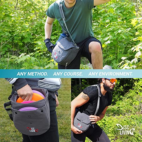Disc Living Disc Golf Bag | Frisbee Golf Bag | Easy To Carry | Lightweight Fits Up To 10 Discs | 16 Oz Waxed Canvas Sturdy Design | Belt Loop | Double Button Design | Bottle Holder (Grey) #TOP5