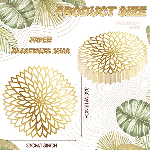 100 Pack Disposable Gold Metallic Round Paper Place Mats 13 Inch Laminated Paper Leaf Dining Table Decoration Pressed Paper Round Table Mates For Dining Table Wedding Home Decoration (Gold Bloom) #TOP1