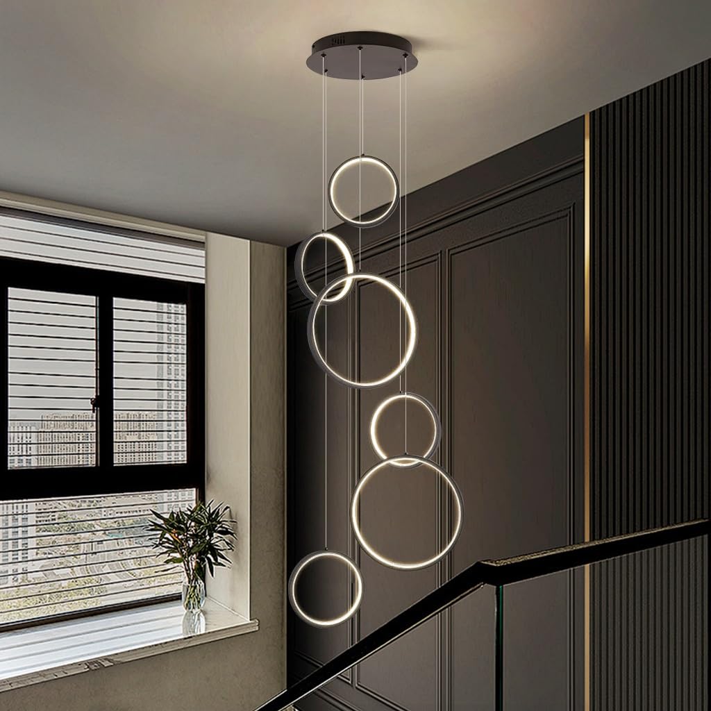 Nowoczesna geometryczna lampa wisząca z 6 pierścieniami LED z możliwością ściemniania - regulowany aluminiowy żyrandol do salonu, sypialni, schodów, jadalni - elegancka lampa sufitowa