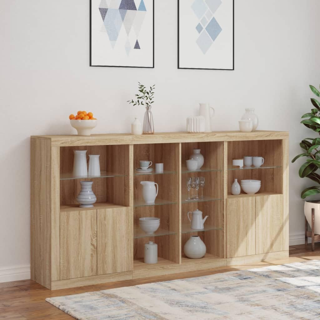 Buffet avec lumières LED - Chêne Sonoma - Armoire de jardin - Pour salon, chambre à coucher - 202 x 37 x 100 cm