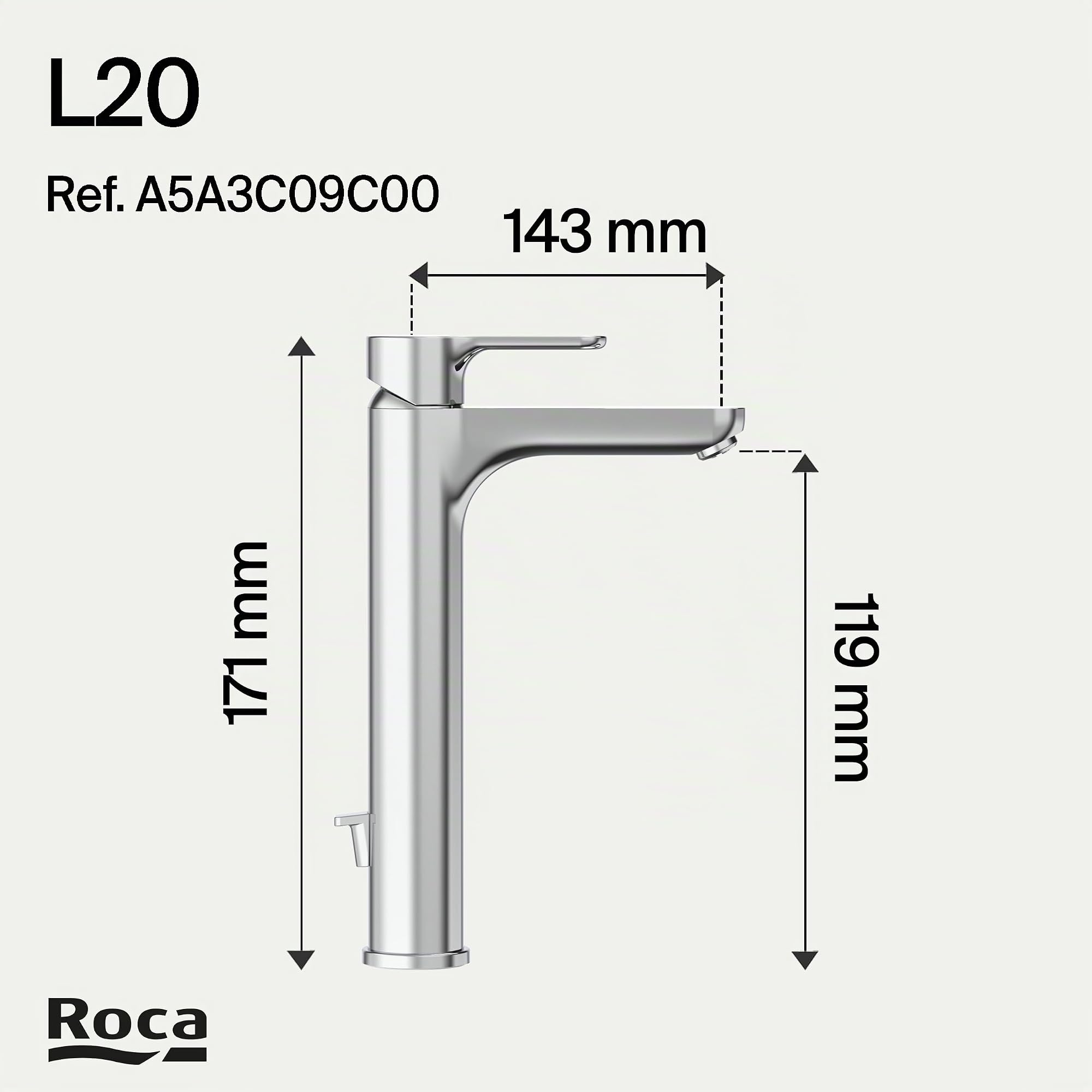Roca L20 Grifería para lavabo de caño alto con tecnología Cold Start, grifo monomando con enlaces de alimentación flexibles, mezclador con desagüe automático de fácil instalación, cromado, A5A3C09C00