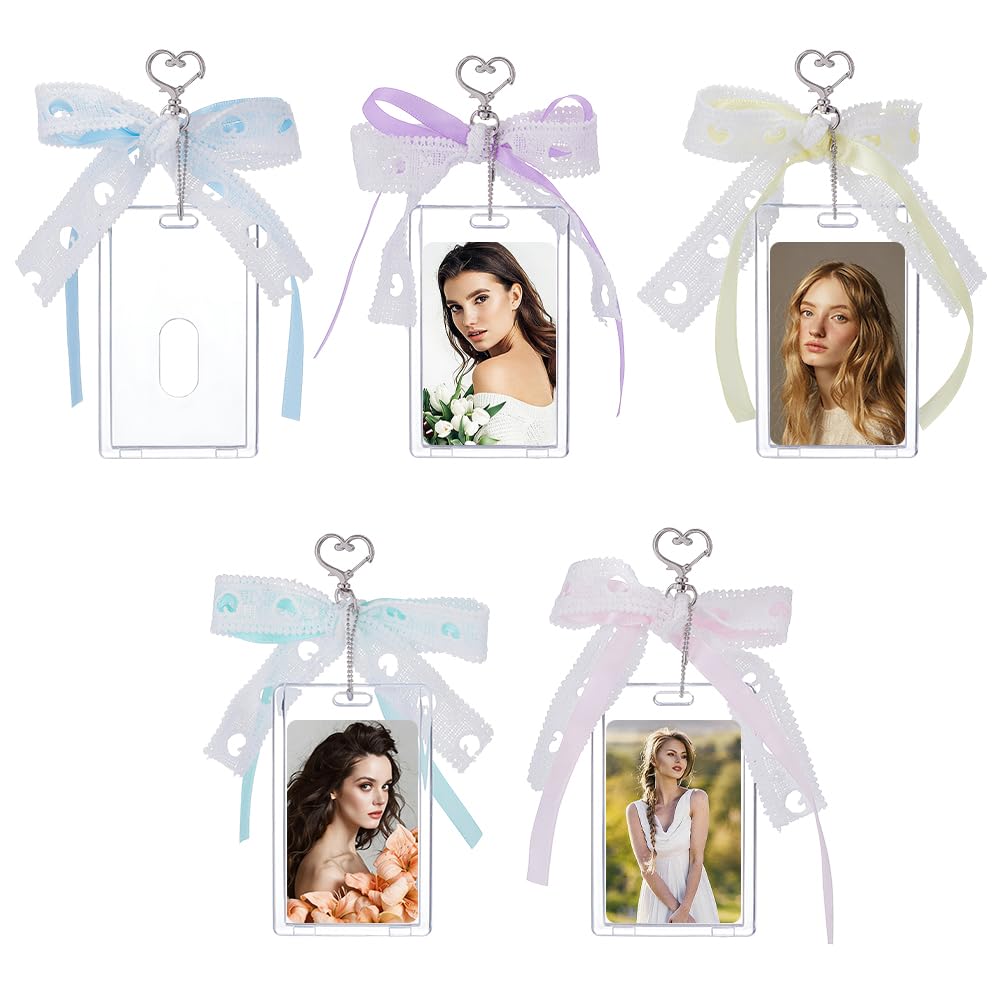 WEBEEDY 5 Styles Photocard Holder with Ribbon Bow Keychain Cute ID Badge Holders Y2K Protective Photocards Holders Portable Card Case for Men Women Bus Idol Card Album Bag Decor Fit 8.6x5.4cm Cards