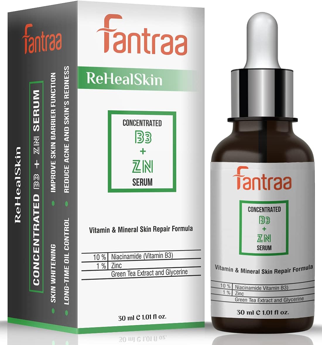 Fantraa RehealSkin Concentrated Vitamin & Mineral Skin Repair Formula With 10% Niacinamide & 1% Zinc PCA, Treat Excess Blemished Skin, Acne Scar & Spot Reduction, Oil Control Face Serum, 30 ml