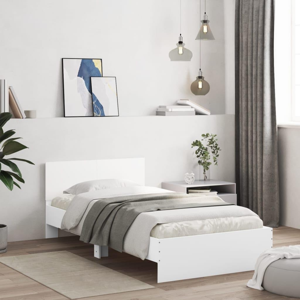 vidaXL Bettgestell, Bettrahmen mit Lattenrost, Bett Gästebett mit Kopfteil, Einzelbett Schlafzimmerbett Schlafzimmermöbel, Weiß 100x200cm Holzwerkstoff