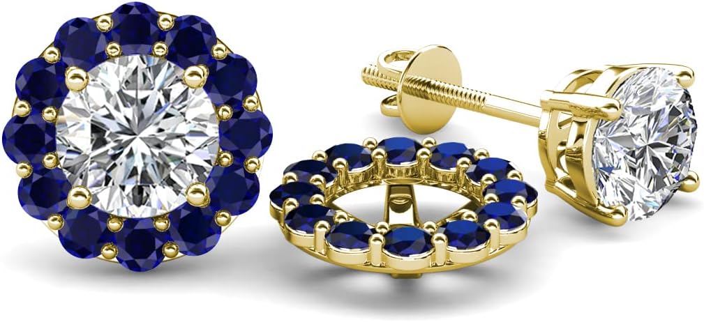 Round Blue Sapphire 0.69 ctw Halo Jackets for Stud Earrings in 14K Yellow Gold